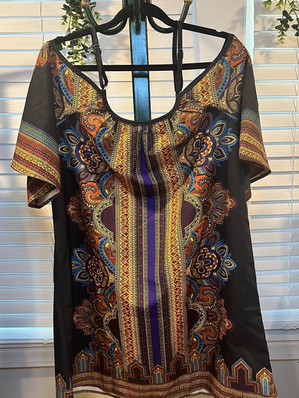 Boho Off-Shoulder Tunic Dress - Black with Multicolor Tribal Print - Picture 2 of 8